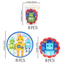 机器人主题一次性餐具套装，7/9英寸派对餐盘，一次性纸盘和纸杯，适用于节日、婚礼、订婚、生日、派对、庆祝活动 - 彩色 - 查看 11