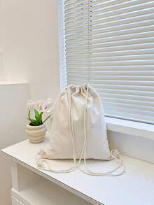 New Canvas Drawstring Backpack, Shoulder Bag With Pockets, Shopping/Student Bag, Back To School - Beige - View 3