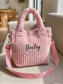 1pc Customized Name Embroidered Corduroy Bucket Bag, Large Capacity Shoulder Tote, Soft Ribbed Winter Style, Handheld Or Shoulder Carry, Minimalist INS Style, Multi-Color Options, Personalized Gift - Multicolor - View 7