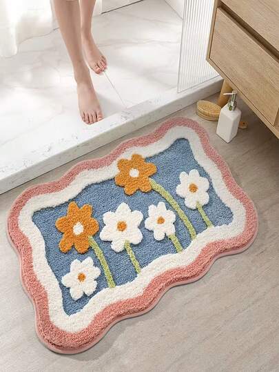 1 st söt blommig vattenabsorberande och halkfri matta för badrum och toalettdörrar, 800 gram/kvadratmeter polyestermaterial badrums halkfri golvmatta, inomhusmatta, duschmatta, heminredning (liten storlek 15,75 tum x 23,62 tum, 19,69 tum x 31,5 tum)