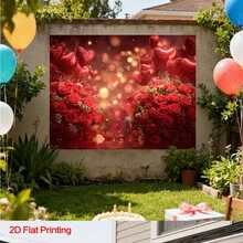 1pc Heart-Shaped Background Cloth - Elegant Flat Printed Rose Polyester Fabric Background, Suitable For Boho Coastal Photography, Romantic Heart-Shaped Background, Applicable For Studio, Garden, Balcony Decor And Portable Props, 2D Flat - Multicolor - View 2