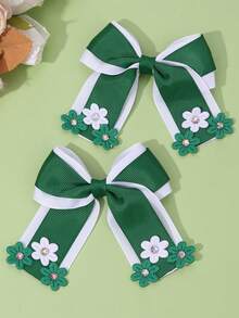 2pcs/Set Girls Green & White Floral Hair Clips, Casual Fabric Flower Bow Alligator Clips, St. Patrick's Day Holiday Hair Accessories - Green - View 7