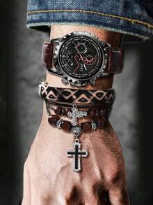 LIANDU LIANDU 1 Set Men's Watch, Casual & Fashionable, Large Dial With Calendar Function, PU Leather Strap Quartz Watch. Includes 1 Matching Cross-Grain Leather Strap. Suitable For Daily Wear Or As A Gift. No Packaging Box Included. - Brown - View 2