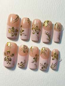 10片金色花朵法式美甲贴纸，方形，中等长度，粉色Y2K风格，可爱花卉ins风手工美甲贴纸，简约百搭，高端品质，适合日常佩戴，按压式美甲贴纸，假指甲，美甲用品 - 彩色 - 查看 2