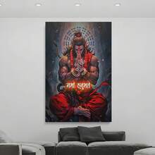 Framed 1pc Wooden Framed Canvas | Hanuman Poster Vintage Hindu Spiritual Wall Art,  Large Canvas Print, Lord Hanuman Meditation With Prayer Beads And Flames | Ideal For Home Temple, Living Room, Office, Or Gift,  Religious Decor - Framed - 查看 1