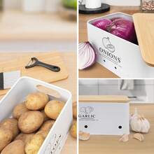 Kitchen Vegetable Storage Set Of 3, Metal Onion Garlic Potato Storage Set, Kitchen Canisters Vegetable Keeper Containers With Aerating Holes And Wooden Lid (White) - 白色 - 查看 5