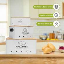 Kitchen Vegetable Storage Set Of 3, Metal Onion Garlic Potato Storage Set, Kitchen Canisters Vegetable Keeper Containers With Aerating Holes And Wooden Lid (White) - 白色 - 查看 3