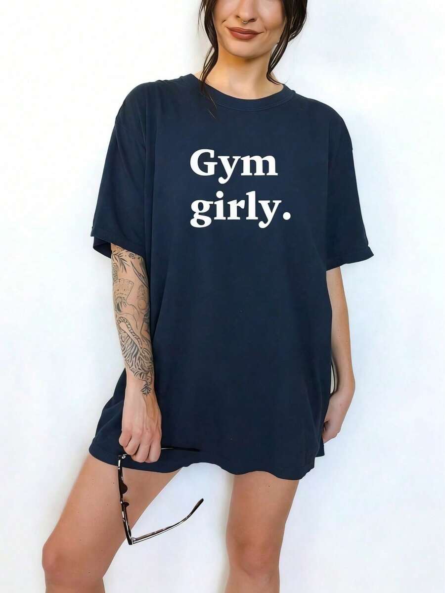 Gym Girly For Pump Cover, Funny Gym Shirt, Gym Funny, Gym Rat, Weight Lifting, Shirt, Gym Girly-Unisex Loose - Fit Comfortable Vintage Street - Style Cotton T - Shirt Top - 藏蓝色 - 查看 1