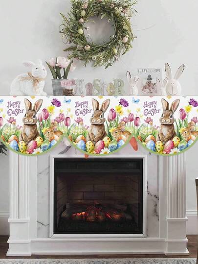 1 pieza Camino de mesa para chimenea de Pascua, 200x50cm Decoraciones de chimenea con conejos de Pascua y huevos de colores, mariposas florales de Pascua de poliéster para cubrir la repisa de la chimenea, decoración de mesa y sala de estar para fiestas y celebraciones del Día de Pascua en el hogar