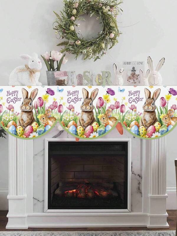 1 pieza Camino de mesa para chimenea de Pascua, 200x50cm Decoraciones de chimenea con conejos de Pascua y huevos de colores, mariposas florales de Pascua de poliéster para cubrir la repisa de la chimenea, decoración de mesa y sala de estar para fiestas y celebraciones del Día de Pascua en el hogar
