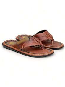 Men's Flip-Flops In Genuine Leather. Modern, Lightweight, Soft, Comfortable, Anatomical, Orthopedic, Fashionable Casual Style. New Summer 2025 Collection. - 鏽棕色 - 查看 2