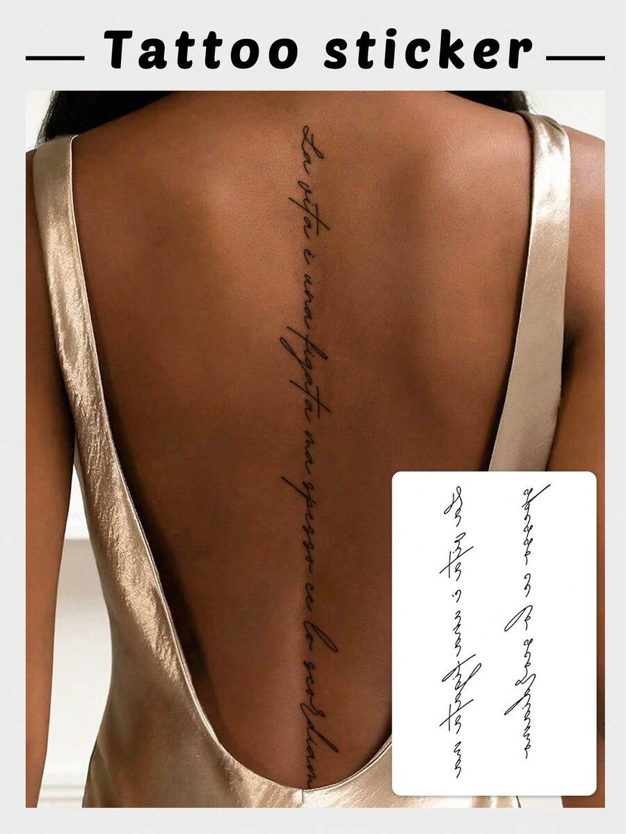 1 miếng hình xăm tạm thời chống thấm nước, viết tay tiếng Pháp, chữ tiếng Anh, hình vẽ đường nét tinh tế, trang nhã dành cho lưng, chống mồ hôi, dùng một lần. - màu đen - Xem 1