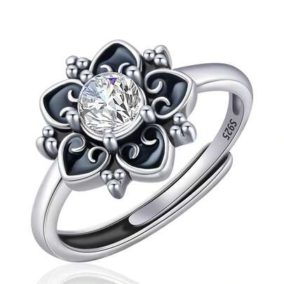 1pc Vintage Creative Zirconia 925 Sterling Silver & Faux Moonstone Flower Adjustable Ring, Suitable For Daily Wear, Gatherings, Commuting, Gifting For Women