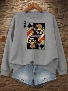 Women's Casual Long-Sleeve Round Neck Sweatshirt, Queen Of Spades Card Design, European And American Fashion Style, Washed Cotton, Black Breathable Hoodless Sports Sweatshirt, Retro Hip-Hop Street Movie Simple Sportswear, High-Quality Casual Wear, Cheap Clothes - Autumn & Winter Couple Style, Unisex Comfortable Long-Sleeve Sweatshirt - Xám - Xem 11