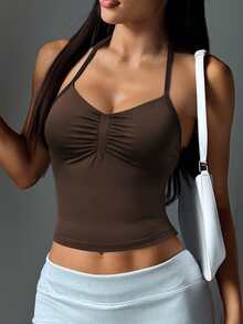 Áo hai dây nữ Aoqta màu trơn, có đệm ngực, cổ tròn, thích hợp cho yoga, thể thao và tập thể dục. - màu nâu - Xem 3