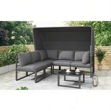 Garten Loungesessel Set, Iron Sunny Island Sitzgruppe Hocker und Tisch mit Markise 4er Set Balkon und Garten Loungemöbel Terrassenmöbel Wetterfest Grau Inkl. aller Kissen(previous sku:HW24006AAA) - Standard - Übersicht 8