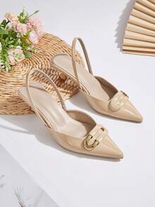 女士高跟鞋，新款春夏尖头凉鞋，优雅椭圆形金属扣装饰，女士猫跟，细带穆勒凉鞋，通勤休闲皆宜，低跟不累脚 - 杏色 - 查看 2