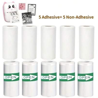 5 Rolls Adhesive + 5 Rolls Non-Adhesive White Printer Paper, 57 X 25mm - Thermal Print, Ink-Free, Portable Pocket Printer For Study Notes, Photos, Memo - Perfect Christmas Gift, Study Note Paper | Portable Printer | Paper, Printer For Phone