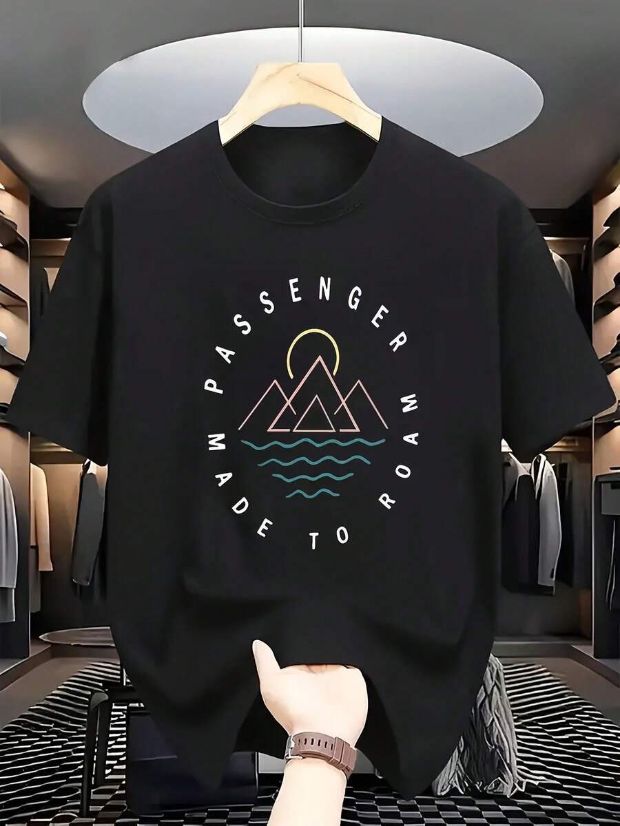 Casual Travel-Themed T-Shirt Wanderlust Mountain Wave Print With Passenger Made To Roam Slogan Round Neck Short Sleeve Summer Shirt For Beach Outdoor Adventures Adventure-Ready Fit Machine Washable - màu đen - Xem 1