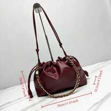 Burgundy Red Drawstring Bucket Bag For Women, Soft Textured Leather Shoulder Bag With Interwoven Gold Chain Strap, Knot Detail Crossbody Purse, Everyday Tote Handbag - Burdeos - Ver 1
