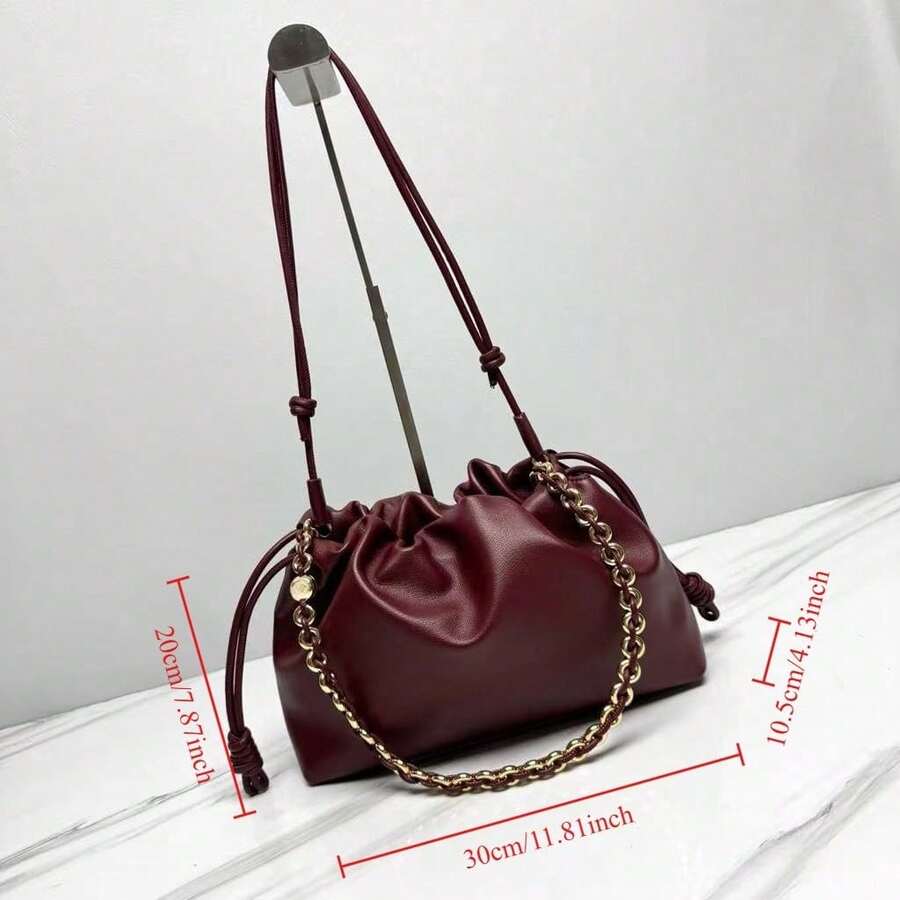 Burgundy Red Drawstring Bucket Bag For Women, Soft Textured Leather Shoulder Bag With Interwoven Gold Chain Strap, Knot Detail Crossbody Purse, Everyday Tote Handbag - Burdeos - Ver 1