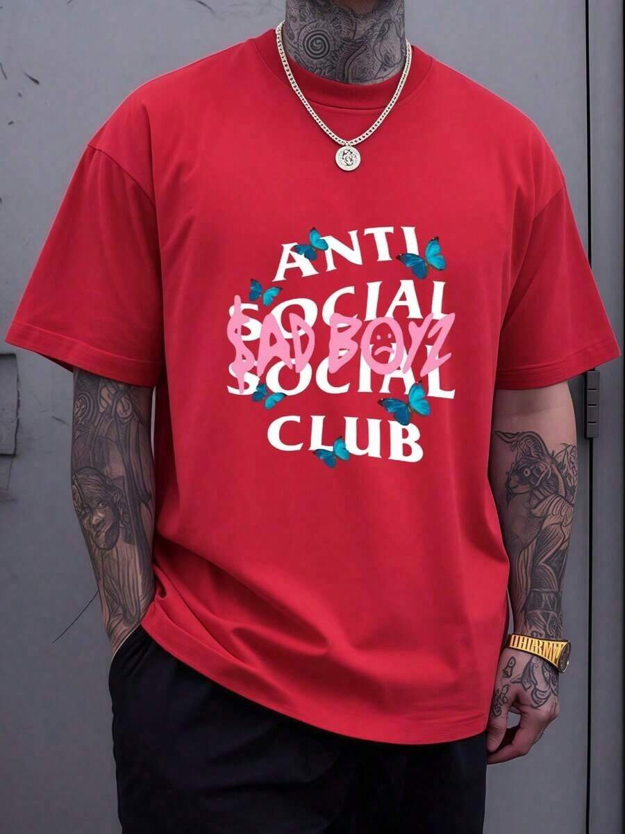 Graphic Cotton T-Shirt Graphic Featuring Bold Anti Social Club Text With Pink Graffiti Sad Boyz Lettering And Vivid Blue Butterflies Symbolizing Isolation And Transformation Cotton Men Tshirt Y2K,Oversize Plus Size Men's S To 5XL,Summer Tee - trắng - Xem 1