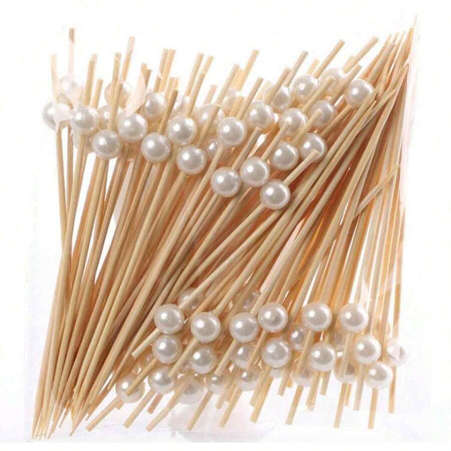 10/50/100pcs Fruit Salad Decoration Bamboo Skewers, Synthetic White Pearl Decor Bamboo Skewers For Fruit, Cake, Dessert Plating, Party Elegant Fruit Forks For Cocktail Party, Outdoor BBQ Party And Wedding Cake & Dessert - White - View 1