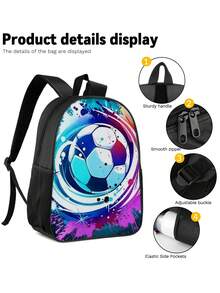 3pcs Boys' Backpack Set - Football Pattern Fabric, Large Capacity Multi-Function Zipper Closure, Casual Schoolbag, Suitable For Daily Use And Travel