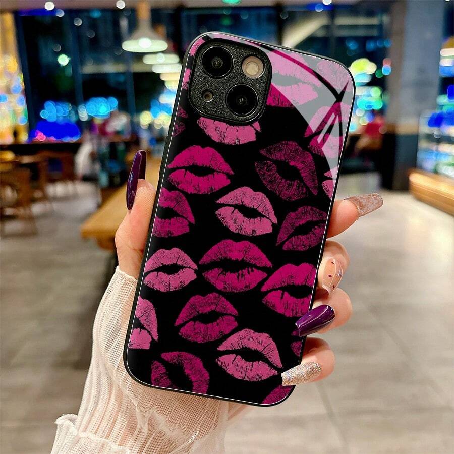 Kiss Marks Pop Art Style Fashion Statement High-End Fashion,Shockproof,Stain-Resistant And Durable Creative Glass Phone Case For IPhone 17/17Air/17Pro/17ProMax/16/15/14/14Plus/Pro/ProMax/13/12/11/Pro/ProMax,The Perfect Festival Gift - 黑色 - 查看 1