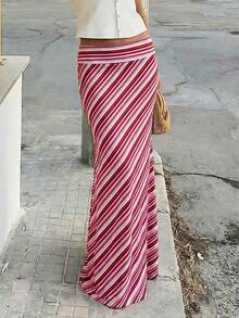 New Stylish Elegant Knitted Fabric Printed Striped Maxi Skirt, Suitable For Beach, Holiday, Daily Wear, Travel Spring - Red - View 2