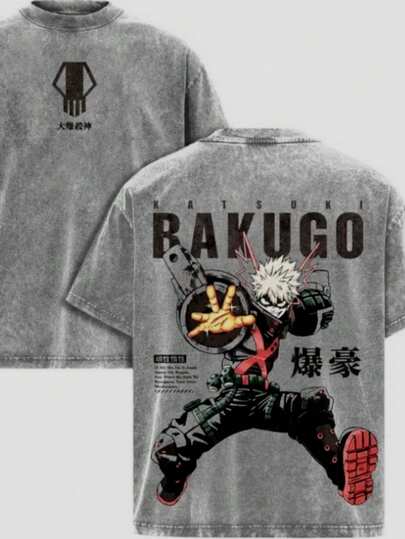 Men's Washed T-Shirts,Mens Clothes,Graphic Tee,Bakugo  Vintage Washed Tee  Heavy Cotton Anime Graphic T-Shirt, Katsuki Explosion Style, Double Printed Retro Streetwear Top