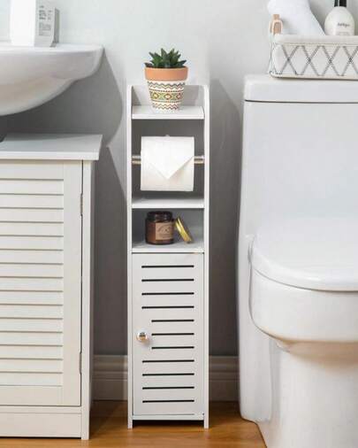 AOJEZOR Toilet Paper Holder Stand: No Drill PVC Small Bathroom Cabinet For Apartment Dwellers - Rental Deposit Protection - Small Space Storage Saving