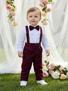 2 piezas Conjunto de caballero para niños pequeños - Camisa de manga larga con pajarita y pantalones con tirantes, de moda y adecuado para fiesta de cumpleaños, boda, atuendo formal de pajecito - Burdeos - Ver 1
