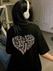 Black Graphic Print Round Neck Loose Casual T-Shirt For Women, Summer - Black - View 3