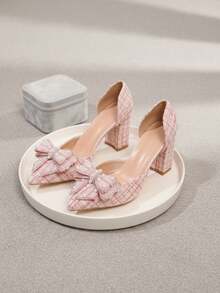 1 Pair Bow Hollow Out Sandals, New Pearl High Heel Pointed Toe Bridal Shoes, Suitable For Women, Wedding And Valentine's Day,Chunky Heels - Pink - View 10