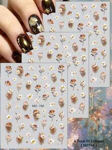 3/6张精美5D立体花朵美甲贴纸，带金箔，波西米亚植物美甲贴花，适用于美甲沙龙和家庭使用