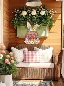 Wooden Easter Wreath Decor, Suitable For Front Door, Hollow Rabbit Sign Flower Eggs Welcome Hanging Ornament, Home Wall Decor Party Indoor Outdoor Supplies, Happy Easter Family Easter Party Decorations - Multicolor - View 2