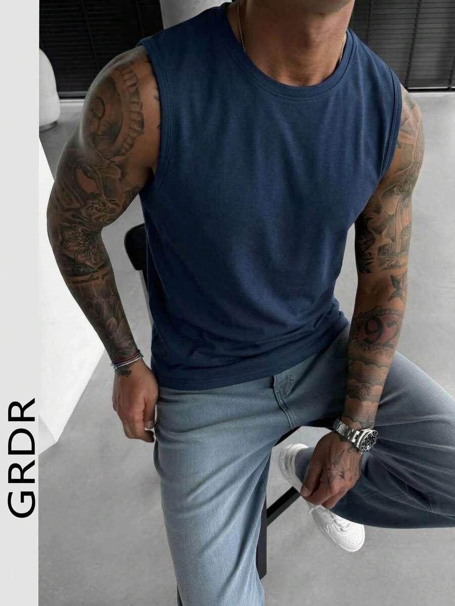 GRDR Men's Summer Casual Crew Neck Sleeveless Tank Top - Navy Blue - View 1
