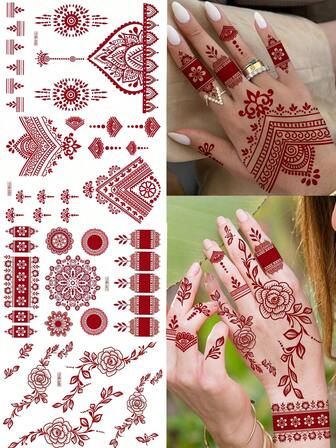 1 张斋月吉祥红棕色指甲花临时纹身贴纸，适用于女性手部，藤蔓吊坠新月纹身贴纸，斋月假纹身，手指脚部曼陀罗花朵贴花，伊斯兰教穆斯林开斋节配饰