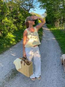 MORI 2026春夏新款奶油色无袖荷叶边镂空针织女式上衣 - 黃色 - 查看 4