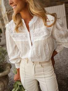 ii Vacation Style Solid Color Hollow Out Embroidery Women Top Spring White - White - View 4