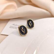 1 对复古、优雅、简约时尚的椭圆形花朵黑色油滴耳环，独特的经典设计，适合女性佩戴，适合日常约会和通勤。 - 彩色 - 查看 4