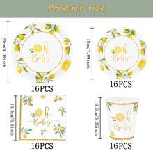 7/9英寸柠檬图案一次性派对餐盘套装，包含一次性纸盘、纸杯和餐巾纸，适用于婚礼、订婚、生日、婚宴等场合。 - 彩色 - 查看 14