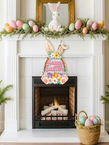 Wooden Easter Wreath Decor, Suitable For Front Door, Hollow Rabbit Sign Flower Eggs Welcome Hanging Ornament, Home Wall Decor Party Indoor Outdoor Supplies, Happy Easter Family Easter Party Decorations - Multicolor - View 4