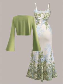 女士优雅纯色喇叭袖针织开衫+修身印花连衣裙，两件套，适合情人节、休闲派对和春季穿着。 - 彩色 - 查看 3