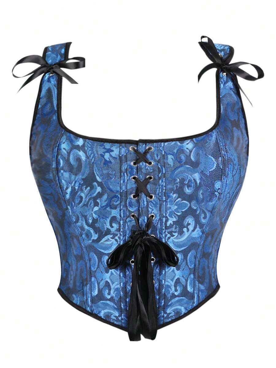 Fishbone Corset Women's Solid Color Jacquard Lace Up Corset Shapewear Tank Top, Casual Grommet Eyelet Zipper Shaper Top For Daily Wear, Women's Shapewear For All Seasons Women's Plus-Size Shapewear - 黑藍色 - 查看 1