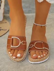 Sandalias planas de playa de PU de color marrón óxido versátiles y de moda para uso diario casual, tallas grandes del 35 al 45, para mujeres - PU marrón óxido - Ver 3