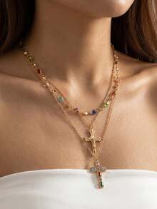 3pcs 18K Gold Plated Layered Cross Necklace Set With Rainbow Zirconia, Faith And Grace Crucifix Pendant Necklace Decorated With Colorful Gemstones, Spiritual Protection Gift For Girlfriend, Friend (Diamond Color Randomly Distributed, Cross Diamond Color Randomly Allocated) - Gold - View 4