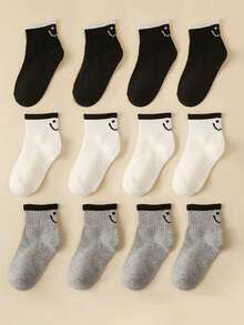 12 Pairs Kids Simple Solid Color Line & Smiling Face Pattern Ankle Socks, Suitable For All Seasons, Great For Outings And Gifts - Multicolor - View 3