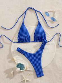 PEPPERMOLLY 新款格子柔软系带露背可爱比基尼，女士夏季沙滩时尚泳装套装度假 - 藍色1 - 查看 1